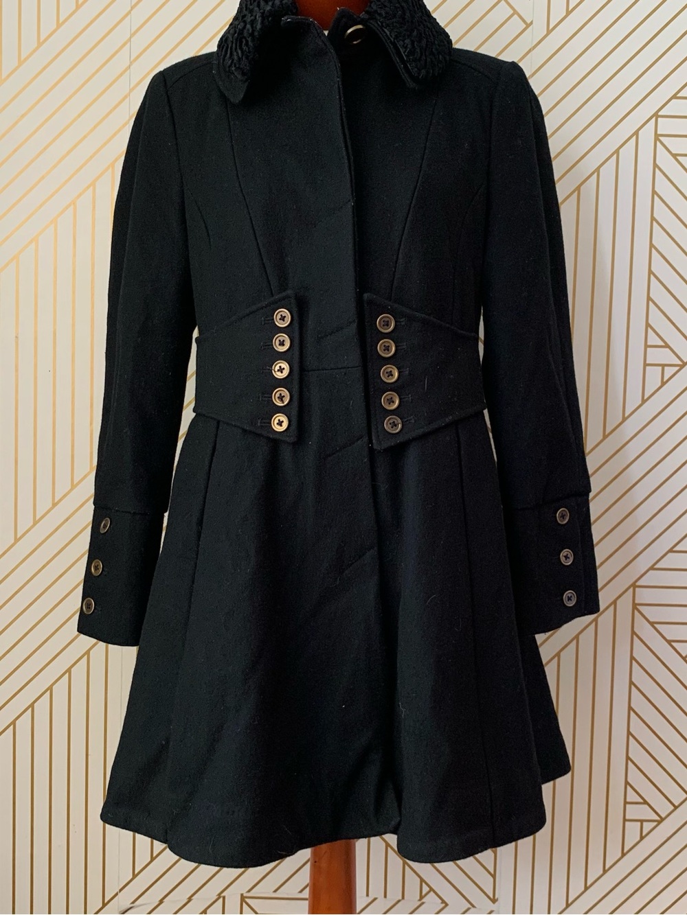 Betsey Johnson Y2K 2000's Black Wool Military Princess Coat Leopard Rose Lining - Picture 3 of 11